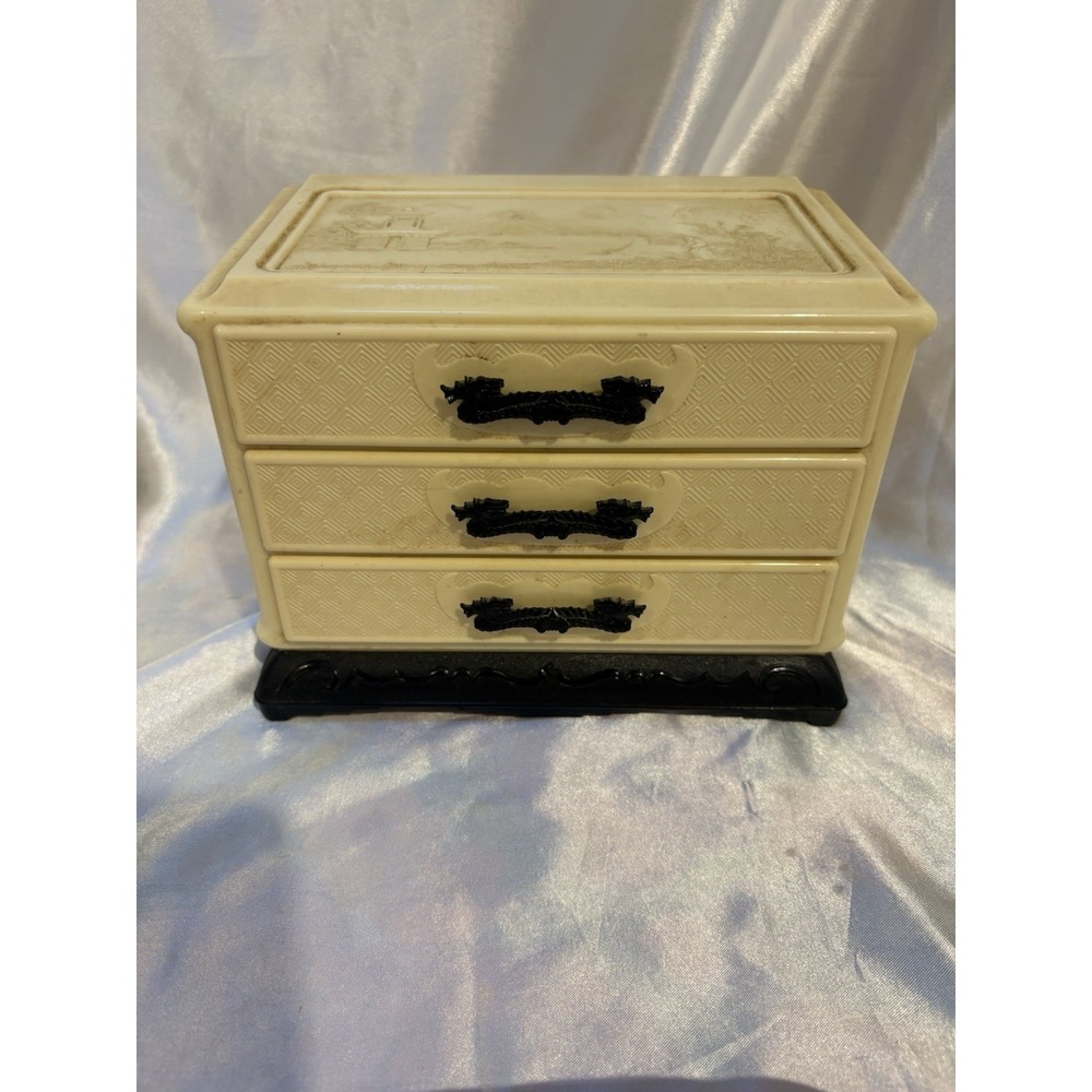 Vintage 1956 Celluloid cream Plastic Jewelry Box -Black Dragon Drawer Pulls